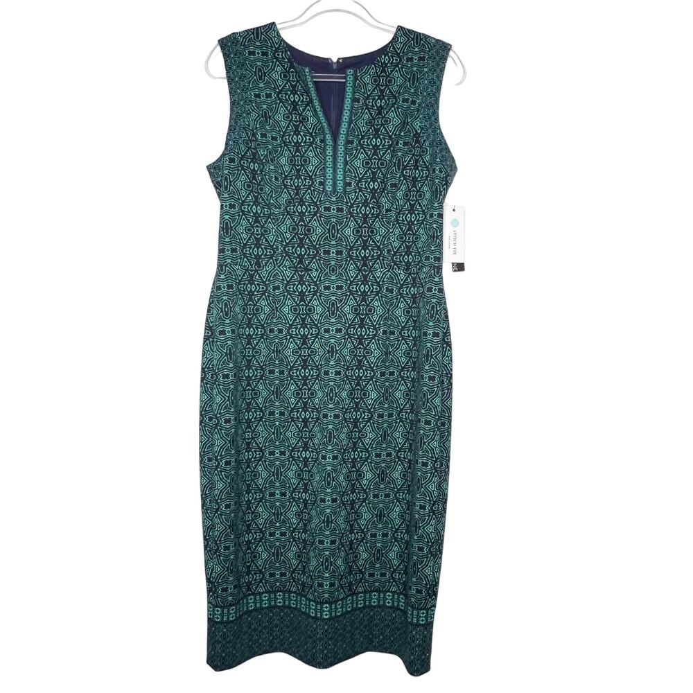 ADORNE Tatum Scuba Knit Midi Sheath Dress Sleeveless Printed Teal Green 12 NWT